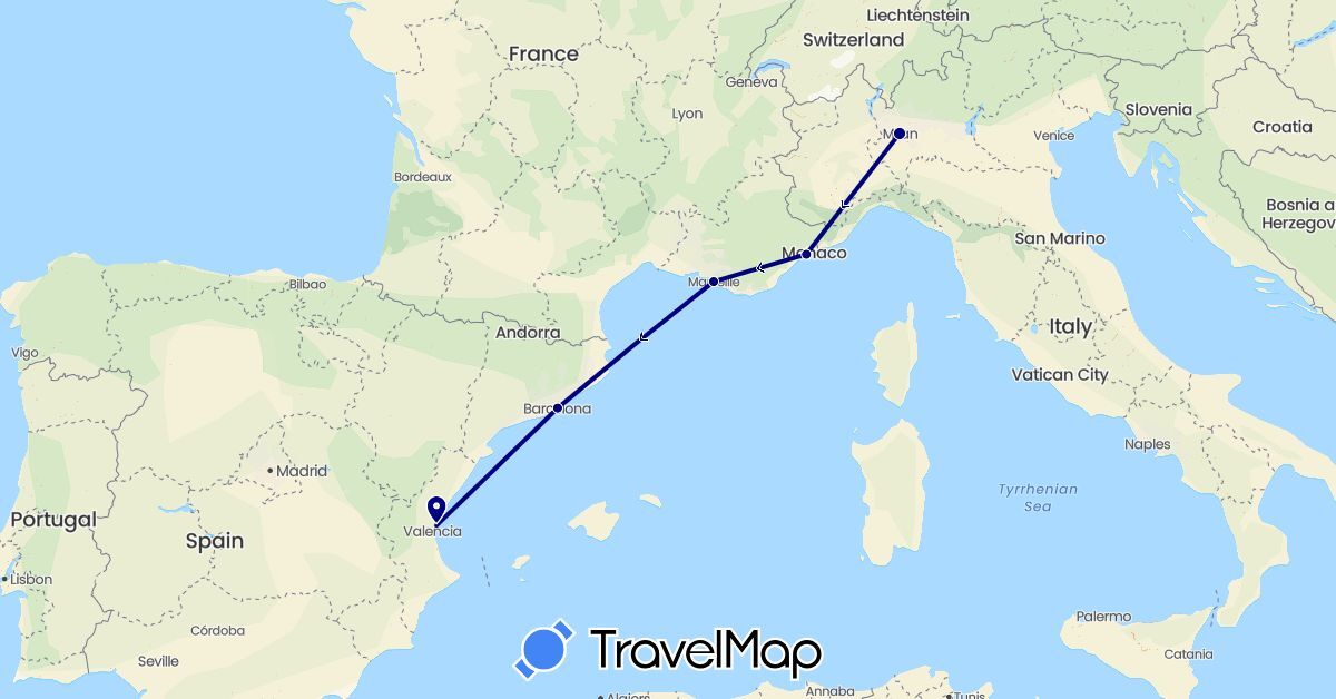 TravelMap itinerary: driving in Spain, France, Italy (Europe)